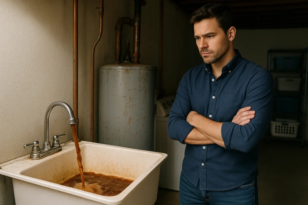 Homeowner notices rusty water from faucet with aging water heater in background
