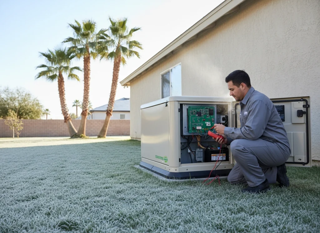HVAC technician checking residential generator battery during Florida winter inspection