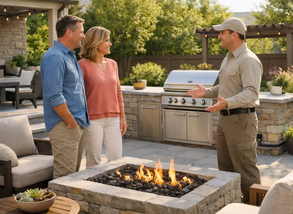 Homeowners reviewing outdoor gas line installation with technician