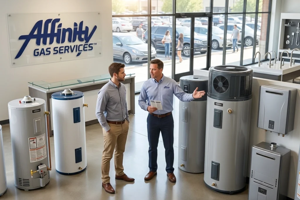Gainesville homeowner comparing tank and tankless gas water heaters